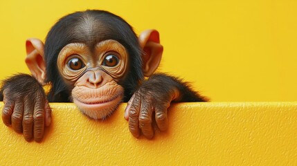 Adorable Baby Chimpanzee Peering Over Yellow Surface: A Close-up Portrait