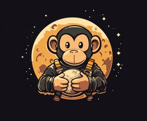 Fototapeta premium Cartoon monkey logo with moonbag pixelated design element