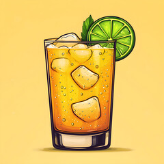 Refreshing caipirinha cocktail drawing with ice cubes and lime