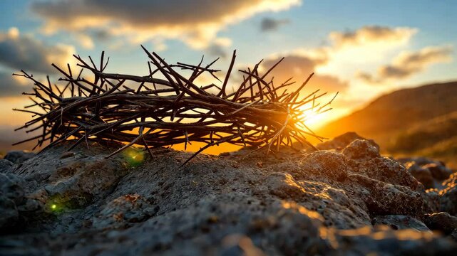 Crown of Thorns at Sunset: A solitary crown of thorns rests upon a rugged rock, bathed in the golden hues of a breathtaking sunset. The image evokes a sense of sacrifice, faith.