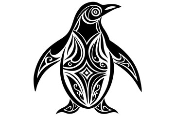  Stylized Penguin Silhouette in Tribal Tattoo Design with Intricate Swirling Patterns
