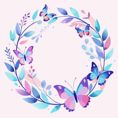 Watercolor Wreath with Vibrant Butterflies and Pastel Leaves in a Dreamy Botanical Style