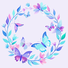 Watercolor Wreath with Vibrant Butterflies and Pastel Leaves in a Dreamy Botanical Style