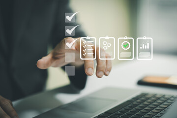 hand of business person mitigate danger risk with checklist compliance improvement. Risk management...