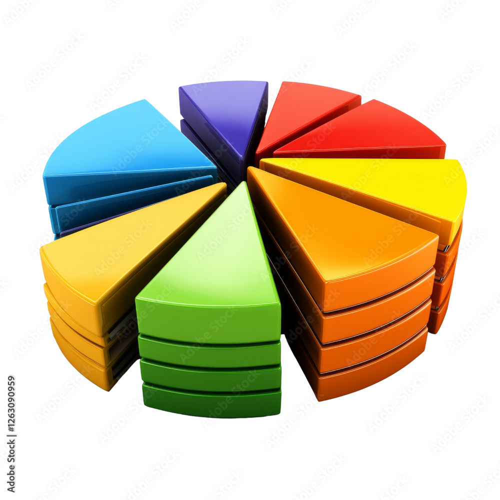 Poster colorful pie chart segments arranged in circular layout, representing data visualization and analysi
