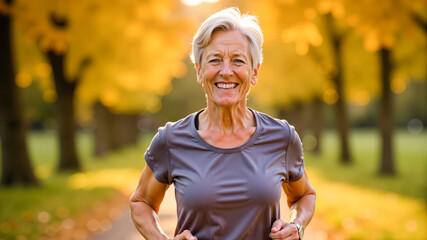 Active senior woman jogging in autumn park surrounded by vibrant yellow leaves