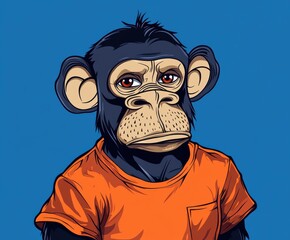 Cartoon monkey in orange shirt on blue background vector art
