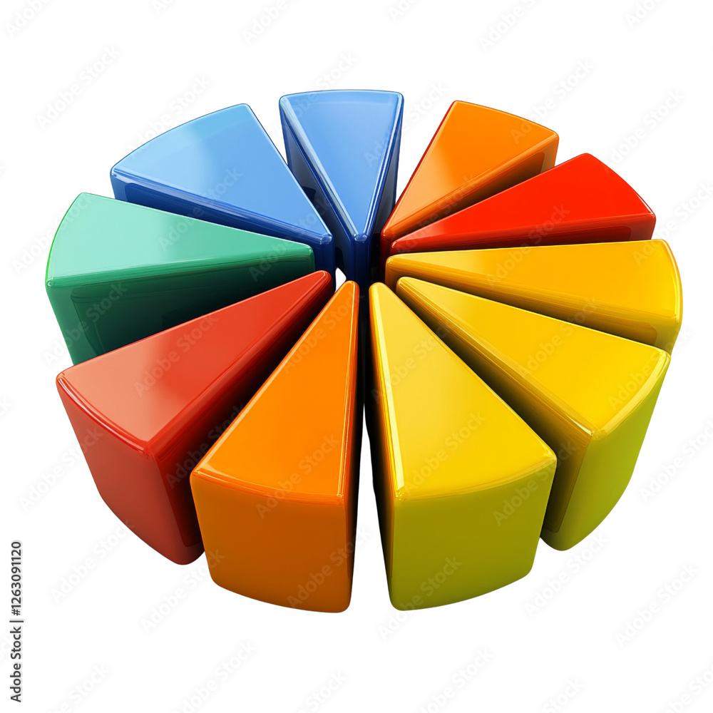 Poster Colorful pie chart segments arranged circular pattern, representing data visualization and analysis. vibrant colors include red, orange, yellow, green, blue, and purple, creating engaging visual