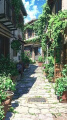 Fototapeta premium Sunny cobblestone alleyway, lush greenery, European style buildings, background sky. Use Travel, tourism