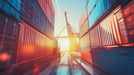 Obraz premium Container truck in ship port for business Logistics and transportation of Container Cargo ship and Cargo plane with working crane bridge in shipyard at sunrise, logistic import export and transport