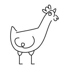 A line illustration of a curious chicken. Doodle rooster icon. Farm bird silhouette. Isolated on white.