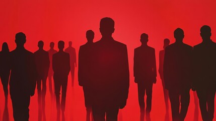 Silhouettes Of Business People. Leadership, Teamwork, Or Corporate Concept On Vibrant Red Backdrop.