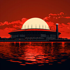 Estadio monumental reflecting on the river plate at sunset