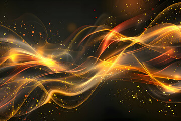 Abstract golden and orange wave patterns with sparkling particles on a dark background