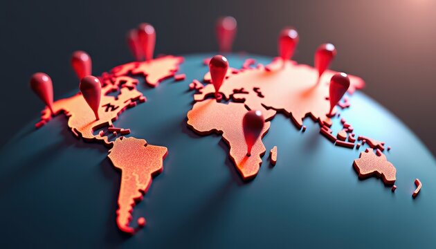 Fototapeta A stylized world map with red map pins marking various locations across different continents, symbolizing global travel and tourism. Relevant for World Tourism Day, highlighting international destinat