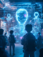 Futuristic classroom settings where students engage with advanced AI teachers in interactive learning environments
