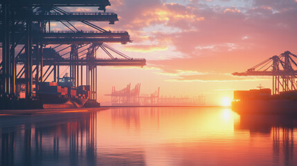 Obraz premium Container truck in ship port for business Logistics and transportation of Container Cargo ship and Cargo plane with working crane bridge in shipyard at sunrise, logistic import export and transport