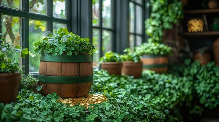 Fototapeta premium Pot of gold and lucky clovers creating festive saint patrick's day scene