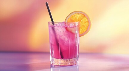 Un cocktail all'amarena con una fetta d'arancia in cima, servito in un bicchiere di vetro con una cannuccia nera