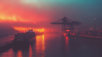 Container truck in ship port for business Logistics and transportation of Container Cargo ship and Cargo plane with working crane bridge in shipyard at sunrise, logistic import export and transport
