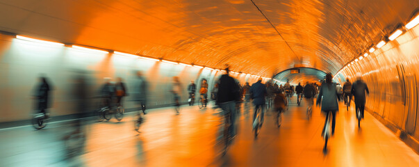 Massive underground highway bustling with pedestrians and cyclists during evening hours in an urban environment