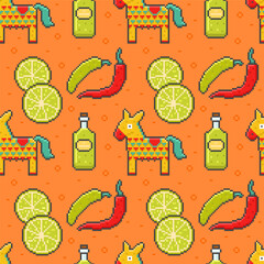 Seamless pattern cinco de mayo in pixel style on an orange background. Vector illustration