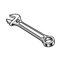 Wrench vector illustration black and white, hand drawn style design isolated on a white background