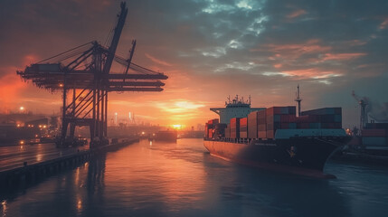 Container truck in ship port for business Logistics and transportation of Container Cargo ship and Cargo plane with working crane bridge in shipyard at sunrise, logistic import export and transport