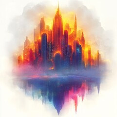 Fototapeta premium Vibrant Cityscape with Golden Horizon and Mirror Reflection at Dusk