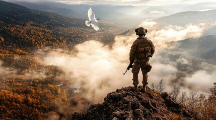 Obraz premium Soldier lowering rifle with white dove flying overhead, symbolizing peace and end of conflict in serene natural landscape. Concept of harmony and resolution.