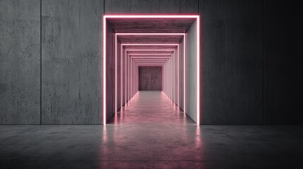 Obraz premium A modern corridor with glowing pink neon lights outlining multiple doorways against a textured gray wall.