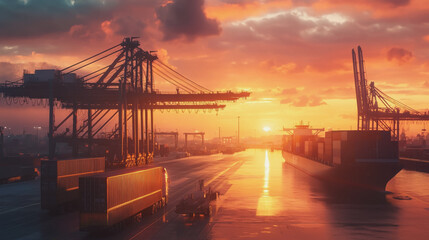 Fototapeta premium Container truck in ship port for business Logistics and transportation of Container Cargo ship and Cargo plane with working crane bridge in shipyard at sunrise, logistic import export and transport