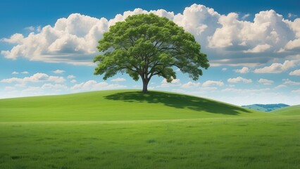 Obraz premium Panoramic View: Green Hills and Meadows Beneath Blue Skies and White Clouds (AI-Generated)