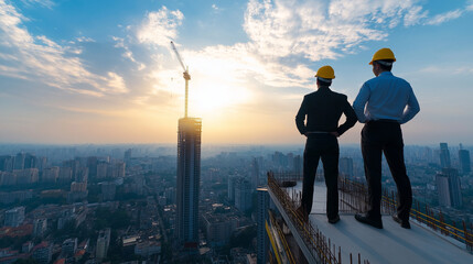 A businessman and architect duo, in formal clothing and yellow hard hats, standing on the top floor of a high-rise building under construction, with panoramic city views.