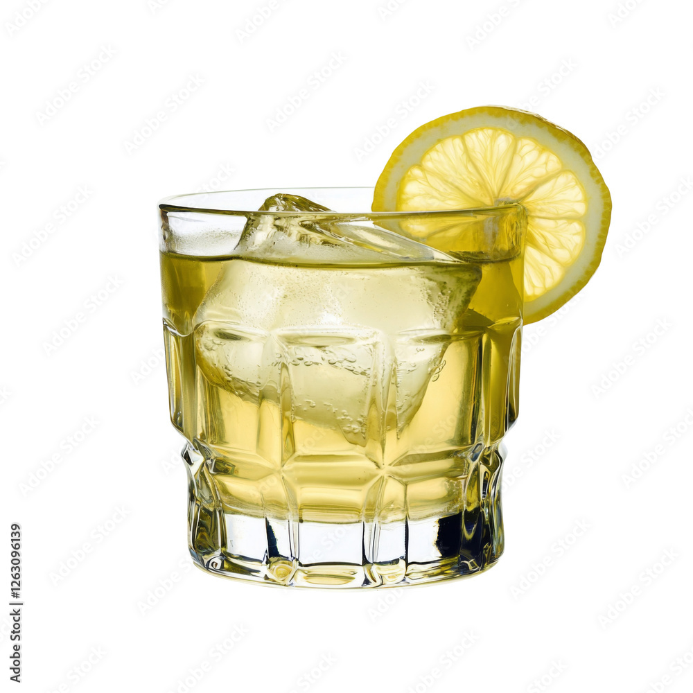 Poster refreshing cocktail with ice and lemon slice