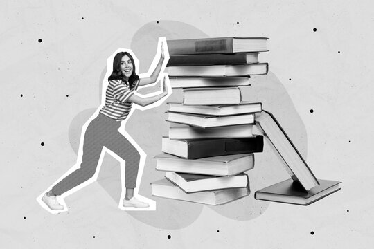 Composite collage picture of black white effect mini girl push huge pile stack book isolated on drawing blue background