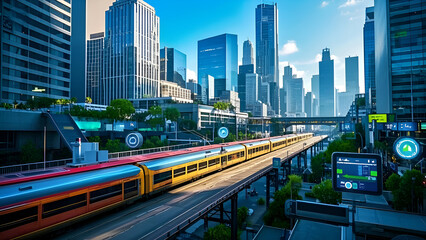 Obraz premium Vibrant Cityscape with Modern Train Station and Skyscrapers
