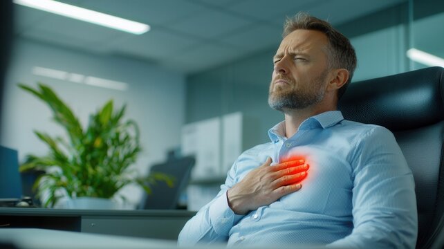 Professional businessman clutching chest heart attack, suffering cardiac symptoms amid sleek workspace with computer screens and contemporary office design
