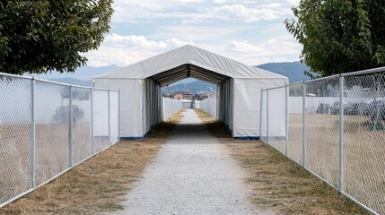 Fototapeta premium Temporary covered walkway, outdoor event, gravel path, fenced area