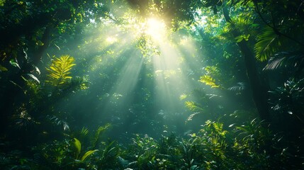 Obraz premium Sunlight filtering through lush green canopy in tropical rainforest