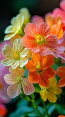 A beautiful arrangement of blooming primroses displays delicate petals in cheerful hues of yellow, pink, and orange. This vibrant display captures the essence of springtime beauty.