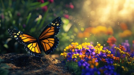 Butterfly Hovering Near a Colorful Garden Bed