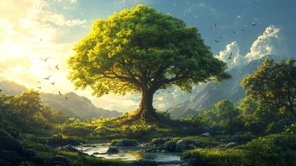 Big green tree growing near river in mountain valley at sunset with birds flying