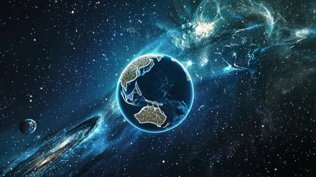 AI Ethics and Governance. Digital brain orbits planet, showing AI's global ethical impact