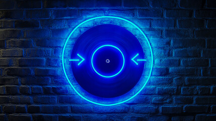 Blue neon sign of a vinyl record spinning with two circular arrows suggesting a continuous loop