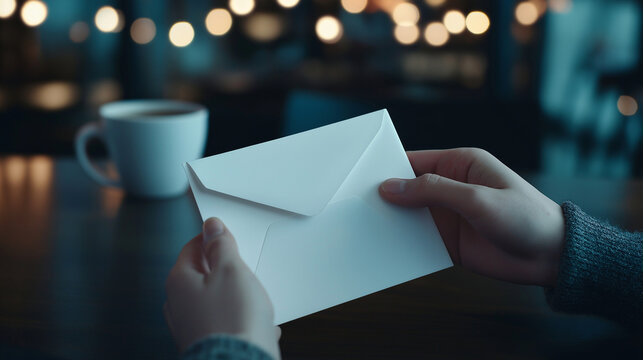 Hands cradling a handwritten letter inside a crisp white envelope, against a blurred background of a cozy cafÃ©, symbolizing distance and longing.