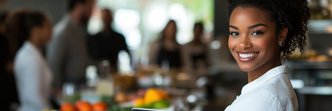 A cheerful woman in a white shirt smiles while serving at a bustling cafe, surrounded by vibrant fruits and engaged customers.