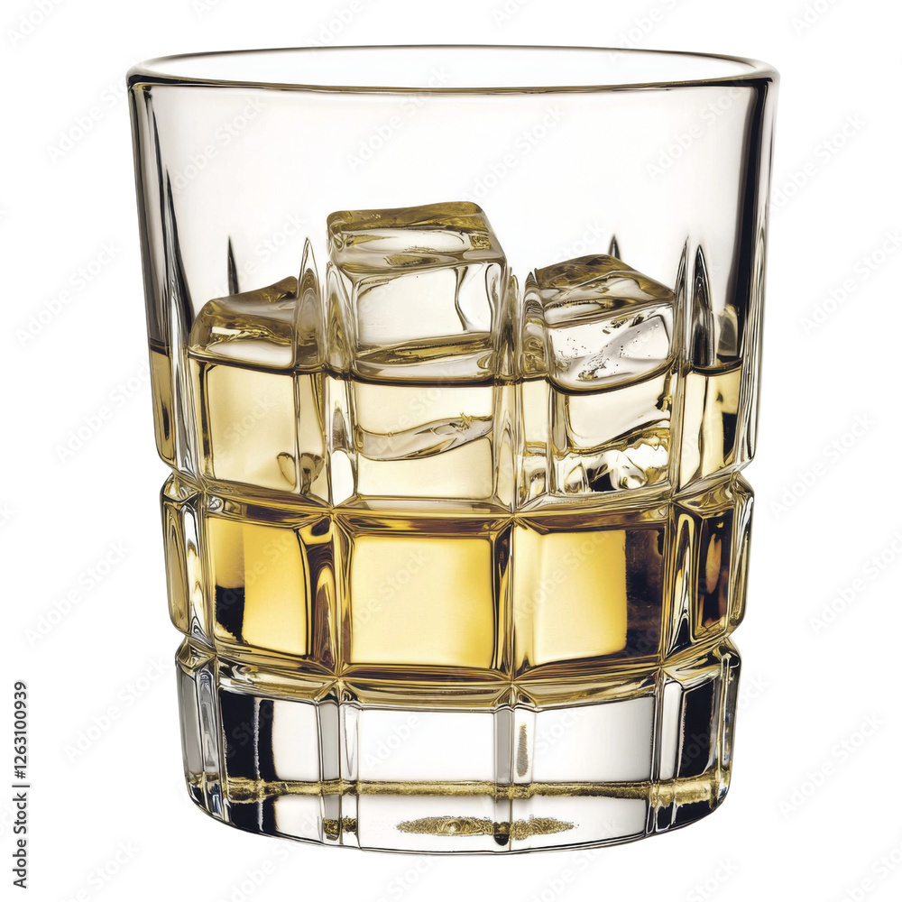 Poster glass of whiskey with ice cubes, showcasing classic design and rich amber color. drink is served in 
