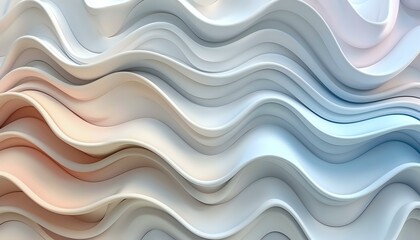 Fototapeta premium Soft flowing waves in pastel colors create abstract curved lines pattern with gentle gradient from peach to blue, modern minimalist background design.