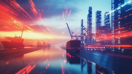 Obraz premium Container truck in ship port for business Logistics and transportation of Container Cargo ship and Cargo plane with working crane bridge in shipyard at sunrise, logistic import export and transport